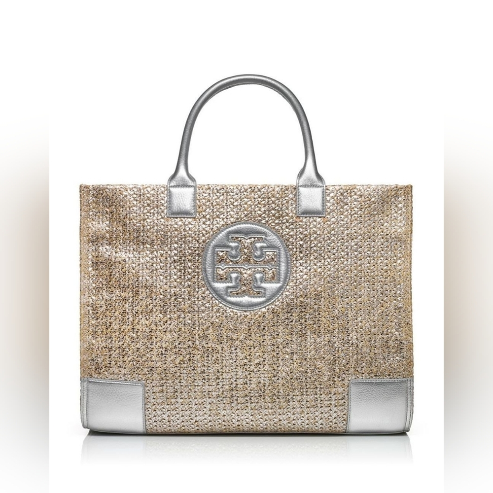 Tory Burch Metallic Gold and Silver Ella Raffia Straw Tote Bag Purse Handbag - Picture 2 of 5